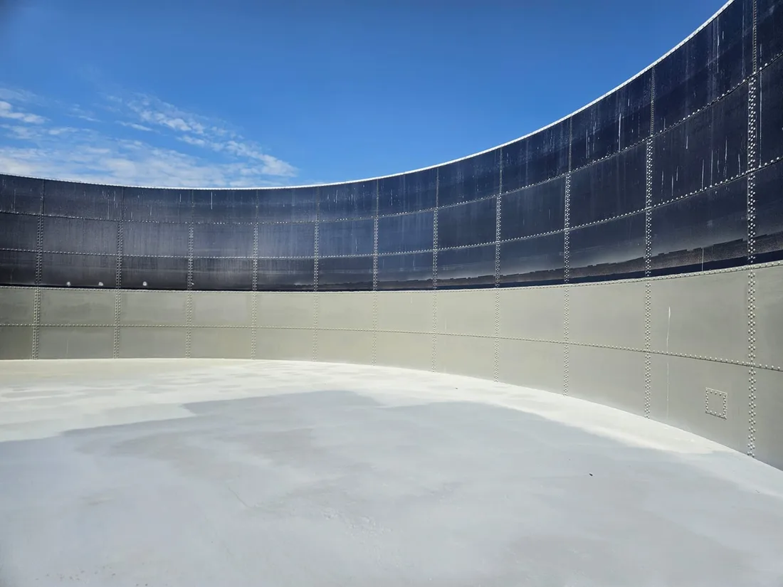 Interior of a fusion-bonded enamel tank following polyurea floor lining application